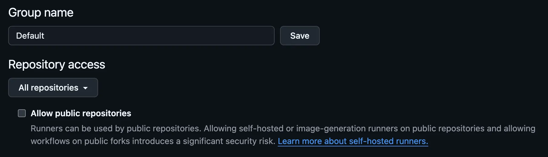 GitHub Runner Groups settings showing Allow public repositories option