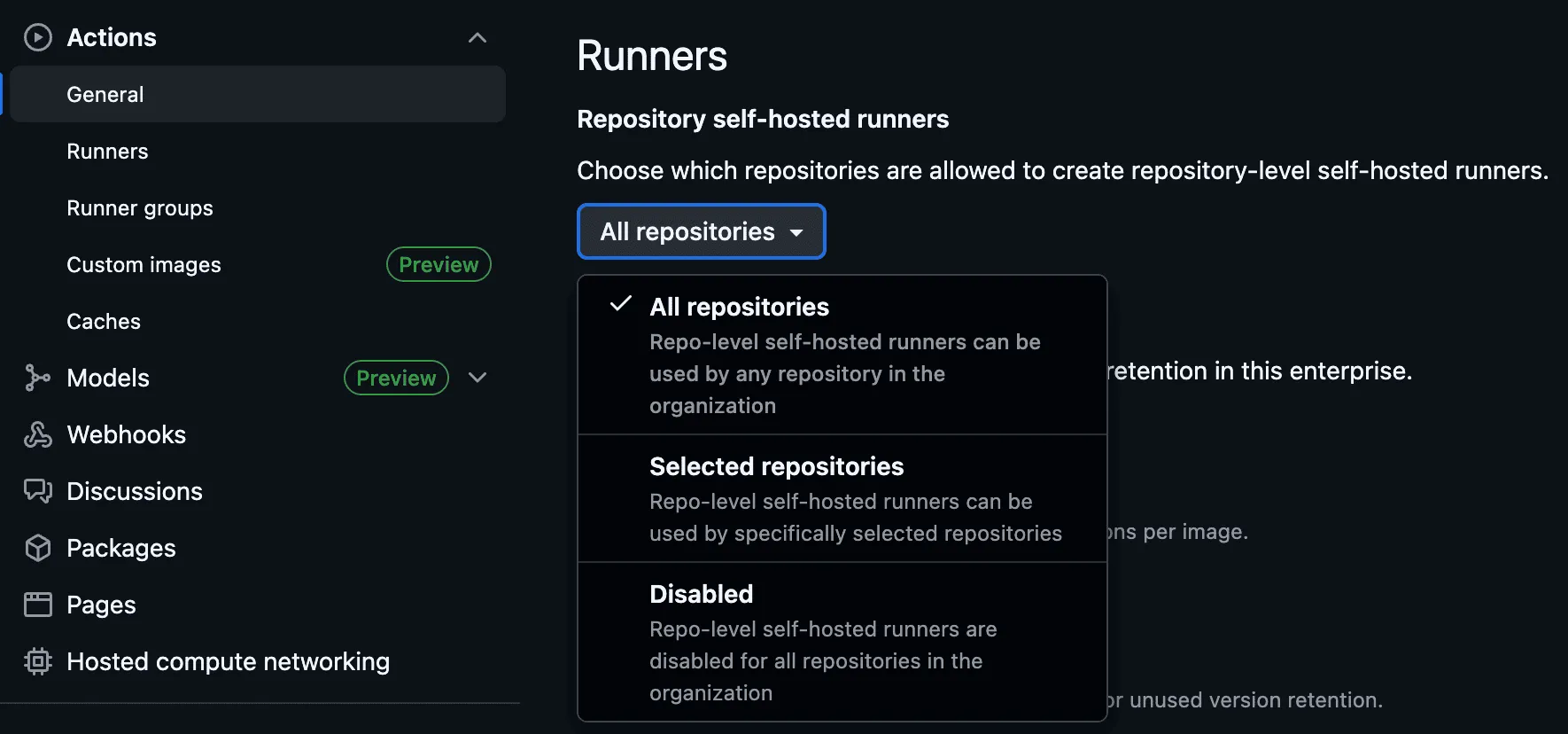 GitHub Runners policy dropdown showing All repositories, Selected repositories, and Disabled options